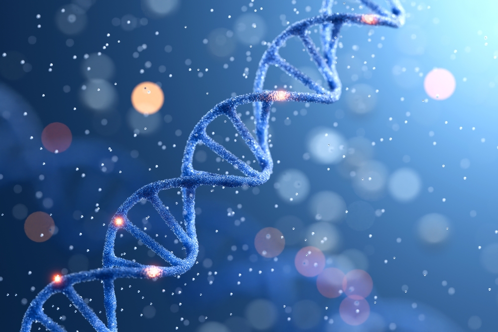 Blue DNA double helix spiral illustration representing veterinary genetics and diagnostics